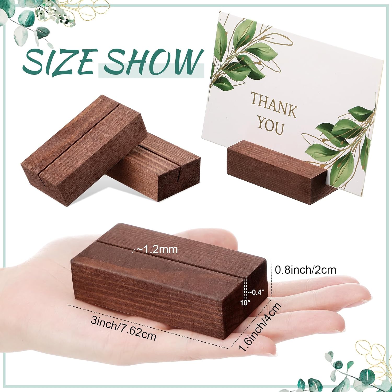 Blosssound 12 Pcs Wood Place Card Holders Wooden Table Number Holder Stands Name Card for Wedding Party Events Exhibition Decoration Office Restaurant Business(Brown,3 x 1.6 x 0.8 Inches)