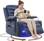 Olela Power Glider Recliner Nursery Chair, Swivel Rocking Chair with Electric Lumbar Support, USB Charging, Smart Cup Holder, Light, Adjustable Armrest, Wireless Phone Charger Holder, Chenille