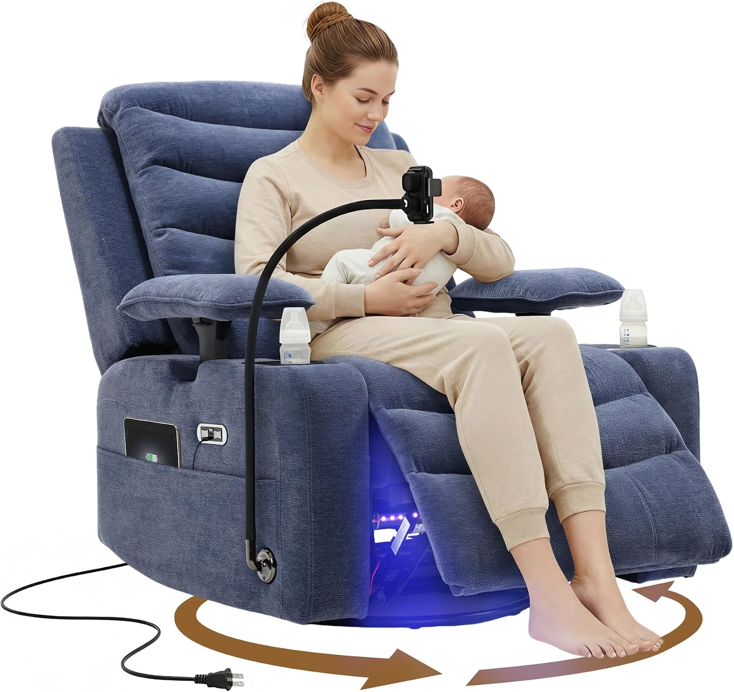 Olela Power Glider Recliner Nursery Chair, Swivel Rocking Chair with Electric Lumbar Support, USB Charging, Smart Cup Holder, Light, Adjustable Armrest, Wireless Phone Charger Holder, Chenille
