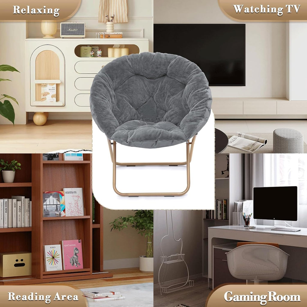 Athena Collection Round Saucer Chair with Ottoman Set for Adults, Oversize Comfy Cozy Faux Fur Folding Reading Chair with Metal Leg Lazy Relaxing for Living Room Bedroom Dorm Apartment, Grey