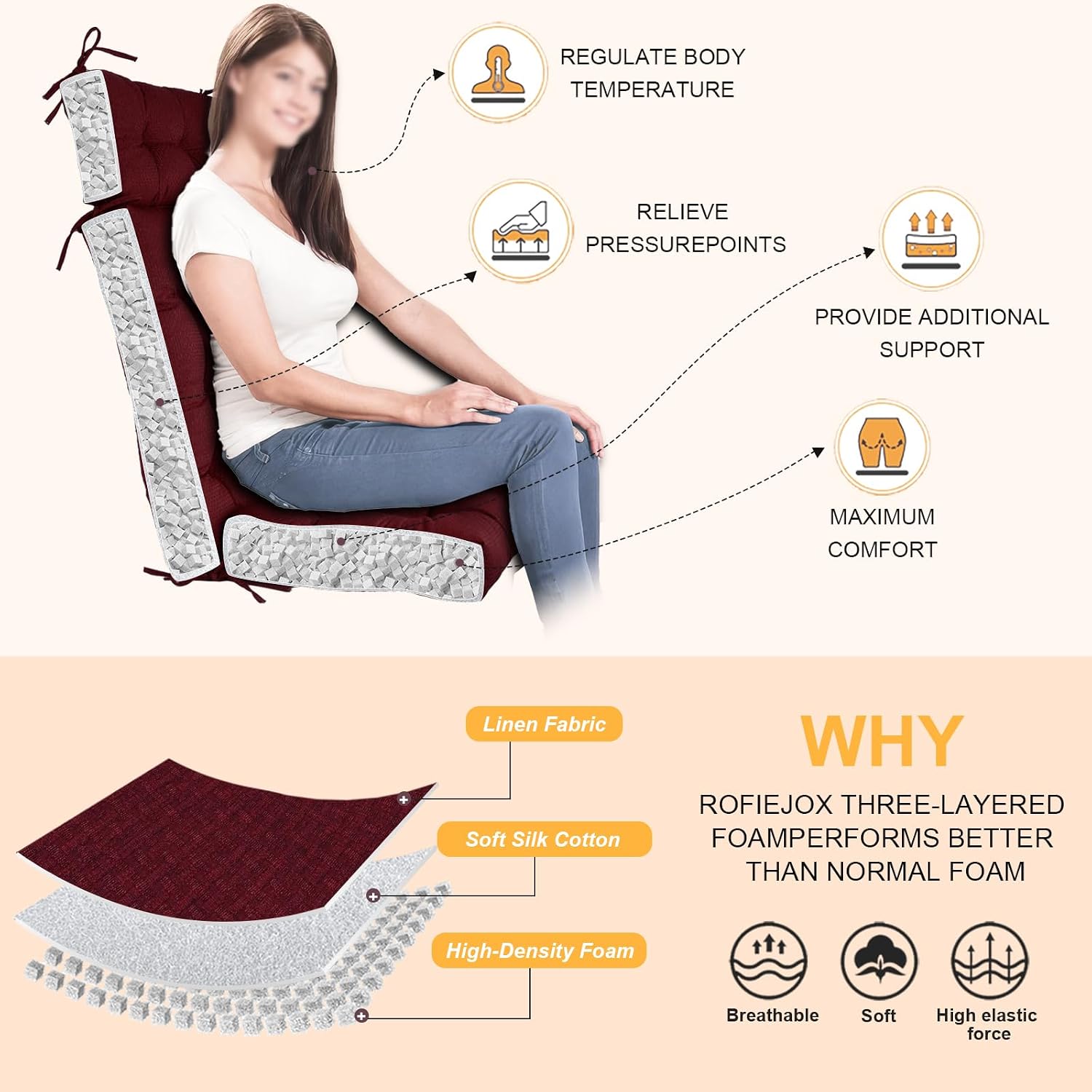 Rocking Chair Cushions Indoor High Back Set - Sackcloth Fabric, High-Density Sponge, Durable Comfort Non-Slip Bottom Tufted Seat Pads with Ties, Sackcloth︱Red, 52x19x4 inch
