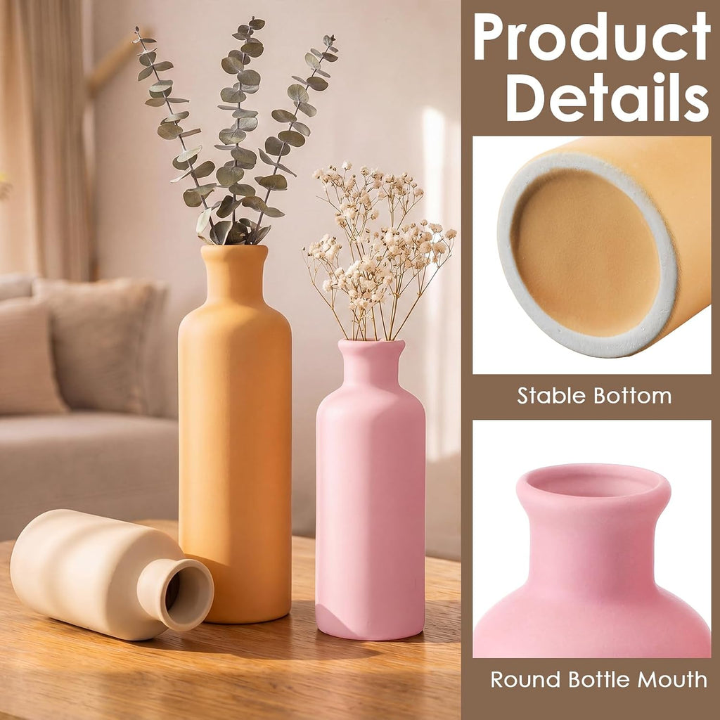 Domensi Modern Ceramic Vase Set of 3 Pink Orange Boho Vases for Home Farmhouse Rustic Decorative Bottles for Living Room Bedroom Shelf Table Bookshelf Entryway Decoration Housewarming Gift