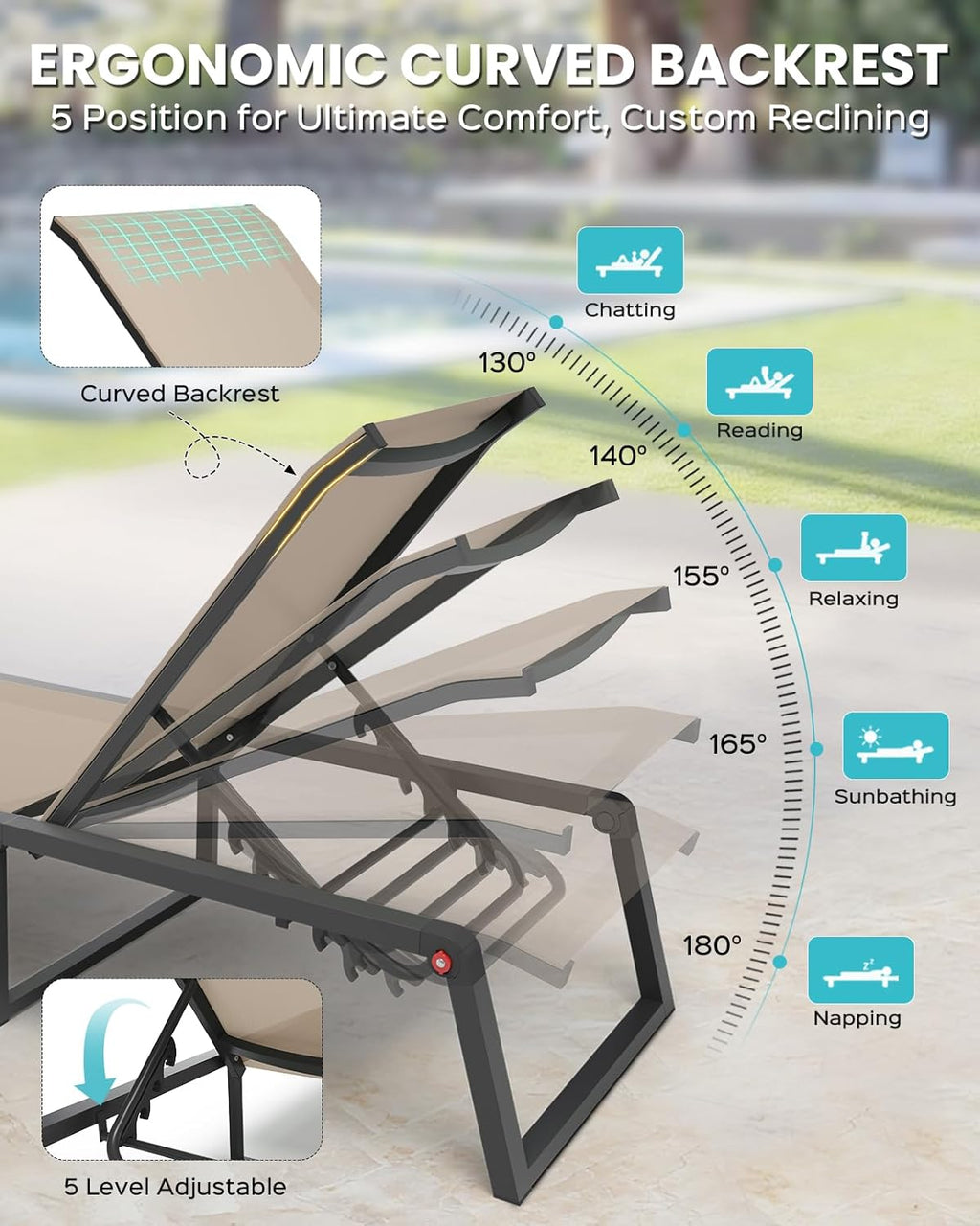 Aluminum Chaise Lounge Chair Outdoor, Foldable& No Assembly Patio Pool Lounge Chairs 5-Position Recliner for Outside, Fully Grounded Legs Sun Lounger for Poolside, Khaki