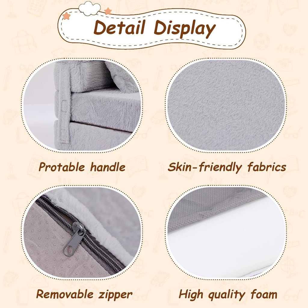 Folding Sofa Bed Mattress for Kids with Pillow, Toddler Washable Folding Floor Mat for Daycare, Child Fold Up Sofa Futon Chair Bed with Storage Bag for Playroom, Camping, Girls and Boys, Grey