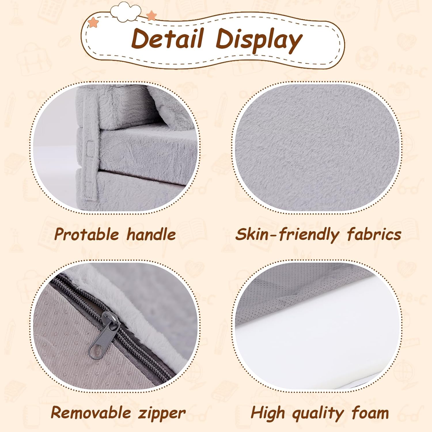 Folding Sofa Bed Mattress for Kids with Pillow, Toddler Washable Folding Floor Mat for Daycare, Child Fold Up Sofa Futon Chair Bed with Storage Bag for Playroom, Camping, Girls and Boys, Grey