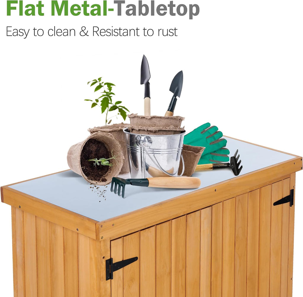 Potting Bench Table, Wooden Storage Cabinet with Removable Shelf, Metal-Plated Tabletop, Light Brown, 36x31x19 in, for Backyard Patio Lawn Gardening
