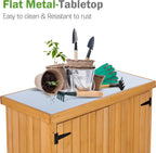 Potting Bench Table, Wooden Storage Cabinet with Removable Shelf, Metal-Plated Tabletop, Light Brown, 36x31x19 in, for Backyard Patio Lawn Gardening