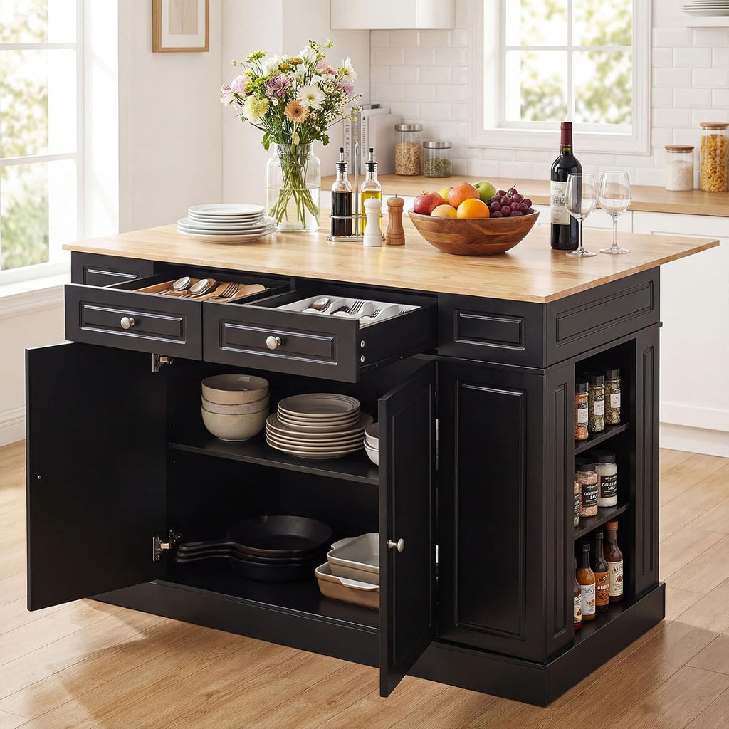 LOKO 48" Stationary Kitchen Island with Drop Leaf, Rubber Wood Top Butcher Block Island Table with 2 Drawers, Cabinet & Adjustable Shelf, Multipurpose Kitchen Cart for Dining Room, Living Room & Bar