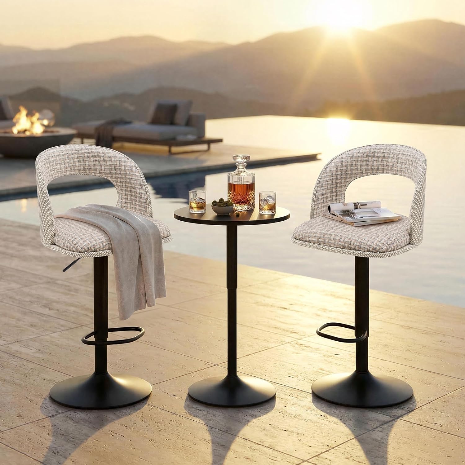 Furnimart Outdoor Bar Stools Set of 2 with Covers Waterproof, Adjustable Patio Stools with Hollow Back, Counter Height Swivel Chairs for Garden, Yard, All-Weather Textilene Fabric, Linen Plaid
