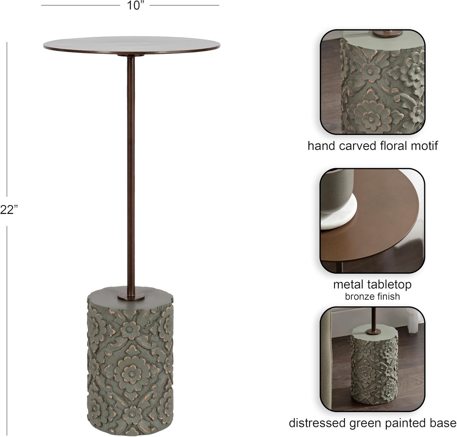 Kate and Laurel Joya Modern Round Drink Table with Carved Wood Base, 10 x 10 x 22, Bronze and Green, Transitional Wood and Metal Pedestal Table for Use as Indoor Plant Stand or Living Room Decor