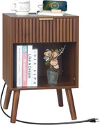 Fultyle Nightstand with Charging Station, Fluted Night Stand with USB and Type C Ports, Mid Century Modern Bedside Table with Drawer and Storage Shelf for Bedroom, Living Room, Office (Walnut Brown)