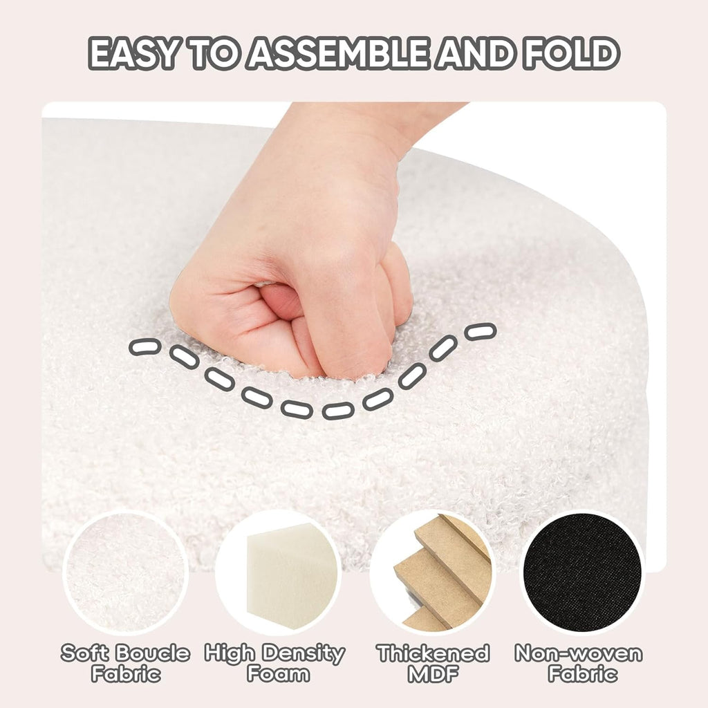 PINPLUS Round Storage Ottoman Foot Rest Stool with Tray Velvet Sherpa Folding Storage Ottoman,Boucle Foot Rest for Living Room, Bedroom, Dorm,White Color