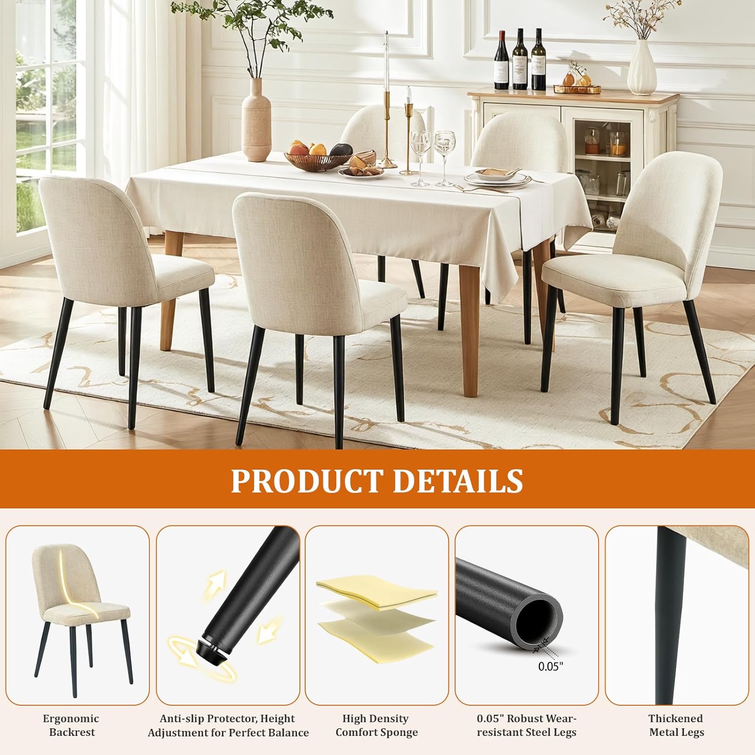 Upholstered Dining Chairs Set of 4, Chenille Mid Century Modern Fabric Dining Room Chair High-Back Padded Kitchen Chairs with Padded Seat and Metal Legs for Kitchen Dining Room Restaurant Cafe, Beige