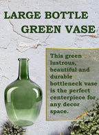 Serene Spaces Living Green Bottleneck Glass Vase, Vintage Floor Vase, Long-Stemmed Floral Container, Decorative Centerpiece for Coffee Table, Office, Wedding, 7.48" Diameter & 12" Tall, Set of 4