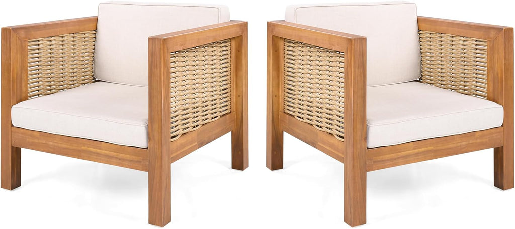 Outdoor Club Chair Set of 2 — Acacia Wood Frame, Wicker Armrests & Beige Cushions, 400 lbs Capacity, for Patio Garden Backyard