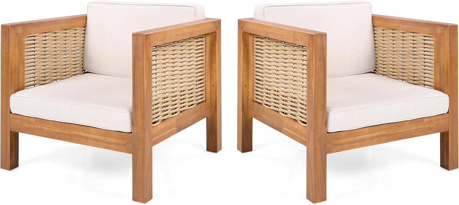 Outdoor Club Chair Set of 2 — Acacia Wood Frame, Wicker Armrests & Beige Cushions, 400 lbs Capacity, for Patio Garden Backyard