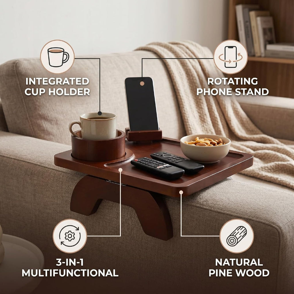 Cryfokt Couch Cup Holder Tray, Large 15.4x9.9 Inch Foldable Sofa Arm Table with 360 Rotating Phone Stand, for Living Room Snacks and Drinks (Brown)