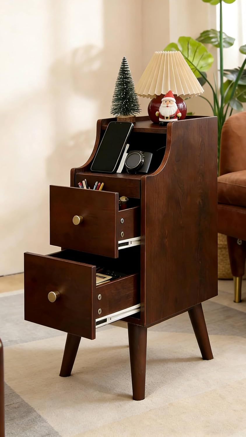 WLIVE Narrow Nightstand with Drawers, Narrow Bedside Tables with Open Shelf & Cable Hole, Small Nightstand for Bedroom, Modern Storage Side Table for Small Spaces/Living Room, Cherry