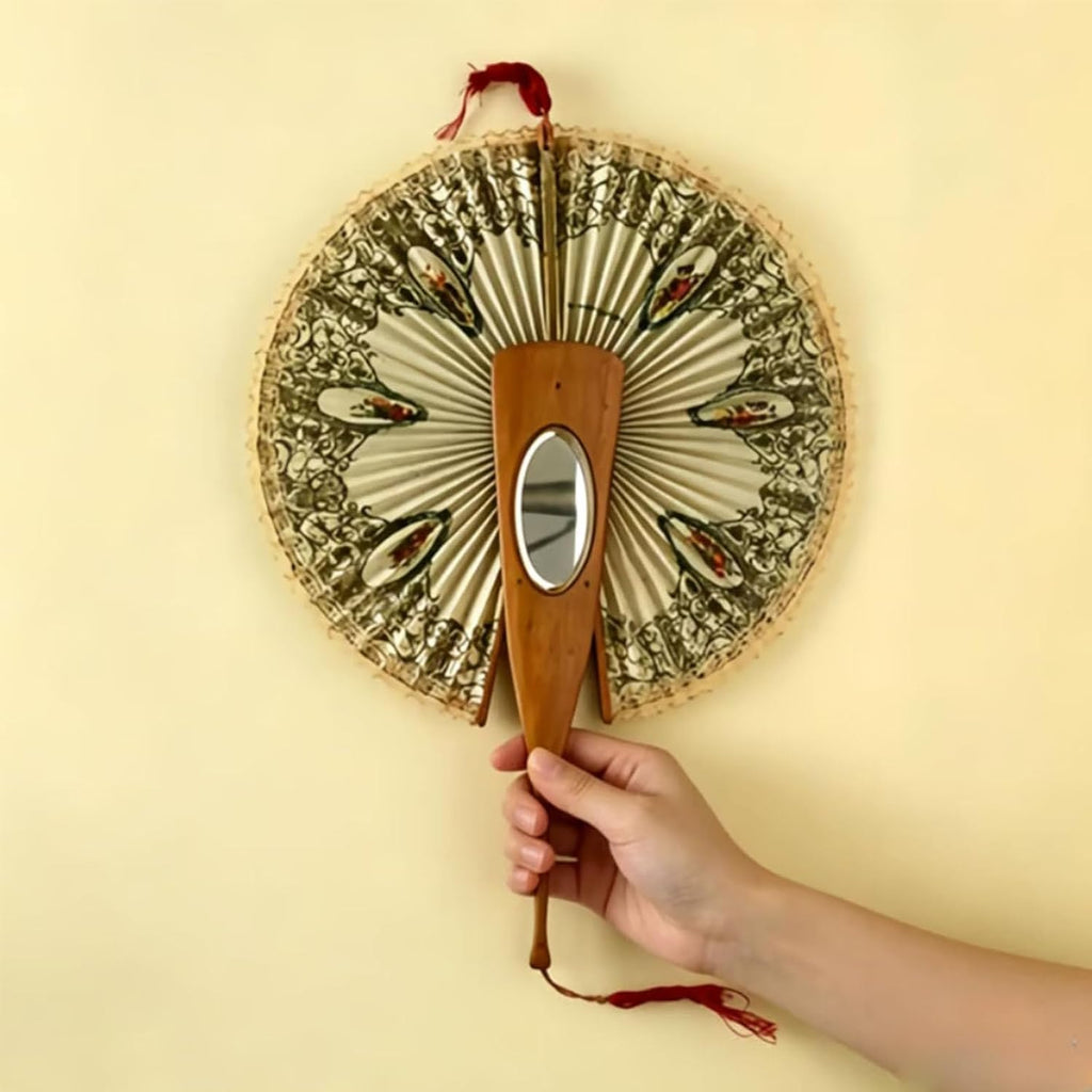 Antique Mirrored Mechanical Fan, Olive Wood Swallow Print Folding Fan with Hidden Mirror & Lace Trim, Classic European Retro Photo Prop, Unique Home Decor Collectible Gift for Women (2PCS)