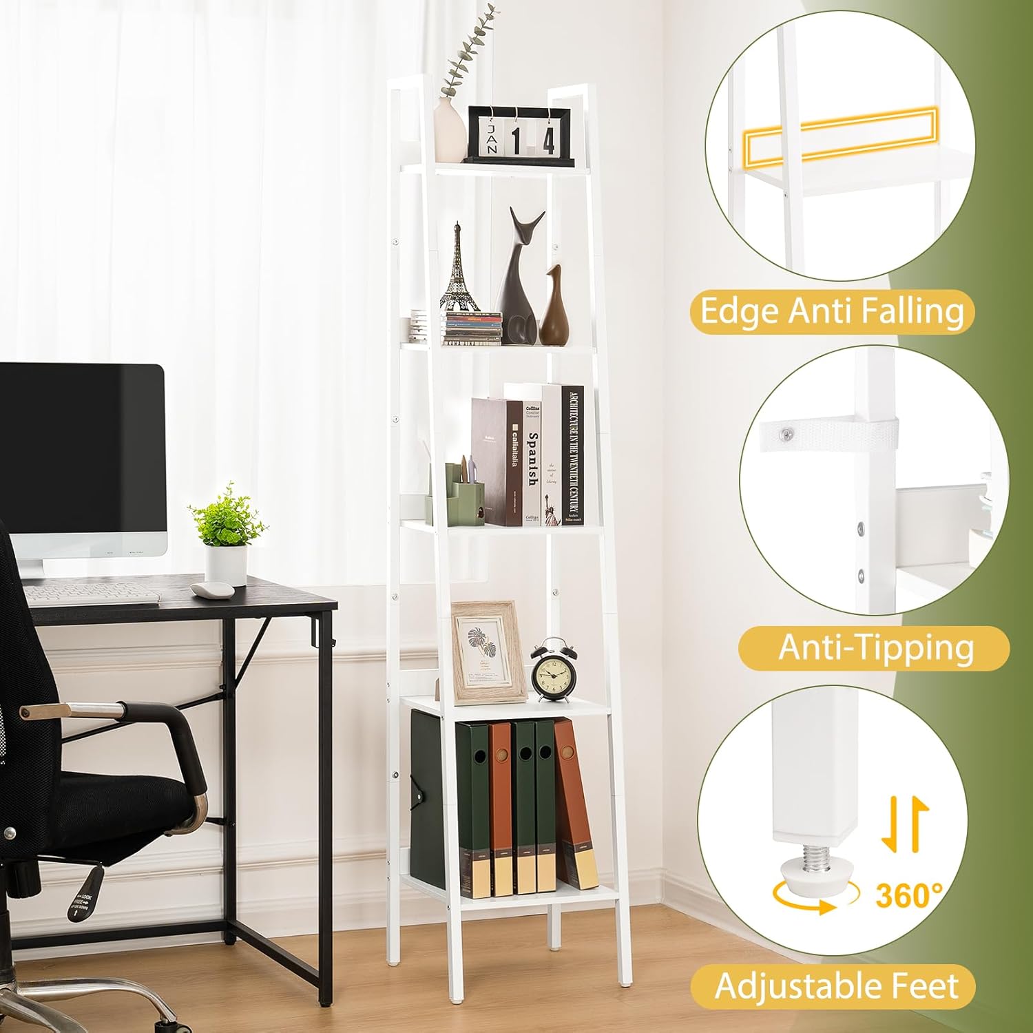 Yoobure Ladder Shelf, 5 Tier Tall Ladder Bookshelf Corner Shelf, Industrial Book Shelf Ladder Bookcase Narrow, Standing Storage Shelves Display Shelf for Bedroom Living Room Office Kitchen Bathroom