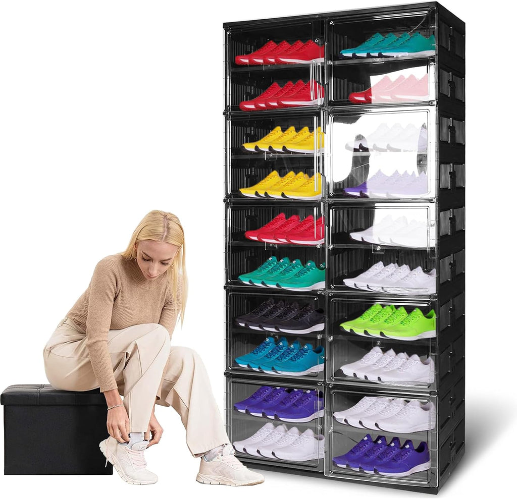 10-Tier Foldable Shoe Rack Organizer with Clear Doors, Collapsible Shoe Storage Cabinet Holds 40 Pairs, Stackable Plastic Shoe Shelf for Closet, Entryway, Bedroom, Easy Assembly 70.3" Tall