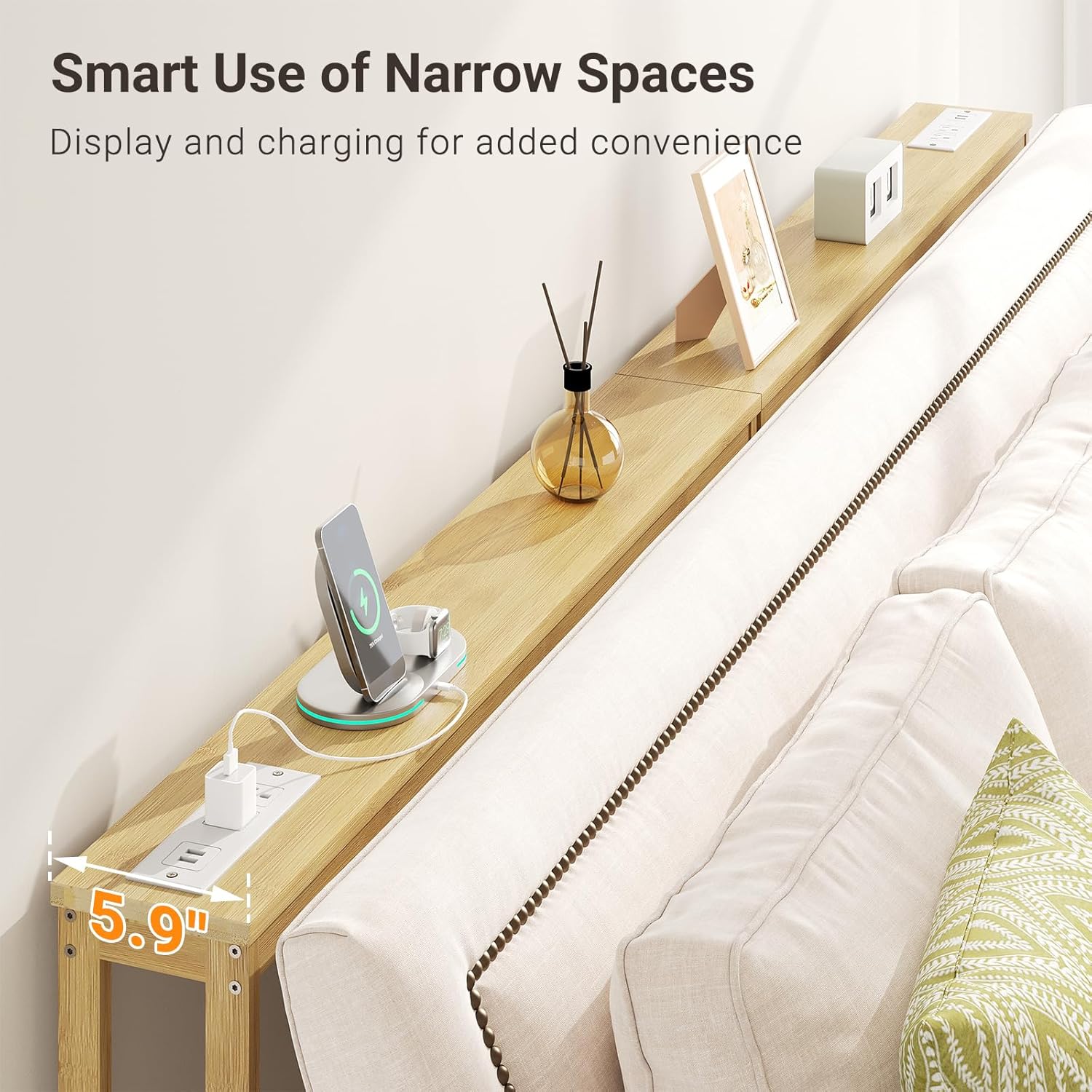 ELYKEN Bamboo Narrow Console Table with Charging Station, 2 Pack Slim Sofa Table Behind Couch, Entryway Table with Outlets for Living Room, Hallway, 5.9 x 39.4 x 31.1in, Natural