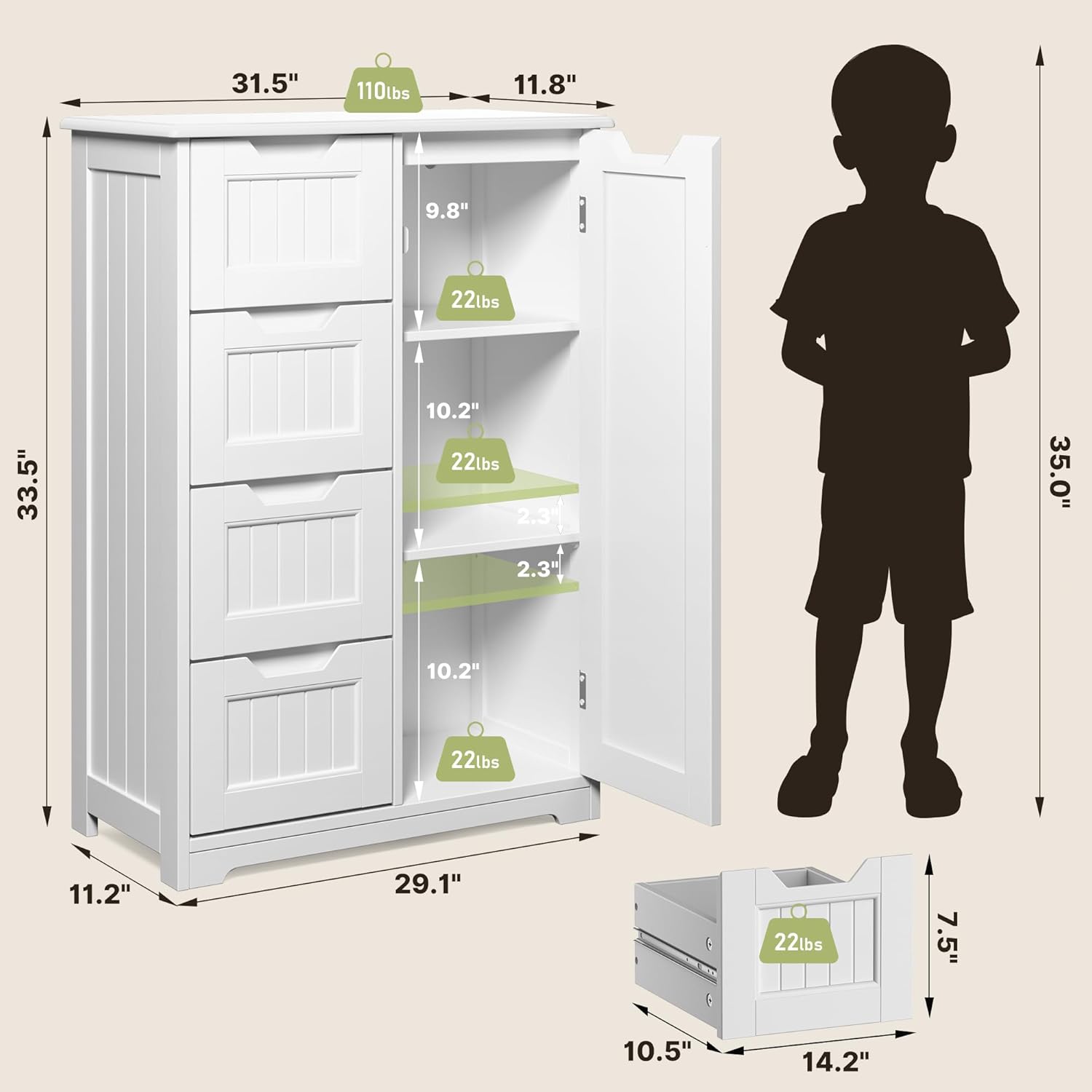 Gizoon Small Pantry Storage Cabinet with Door and Shelves, 33'' Kitchen Pantry Freestanding Wooden Bathroom Storage Cabinet with 4 Drawers for Kitchen and Dining Room, White, Painted