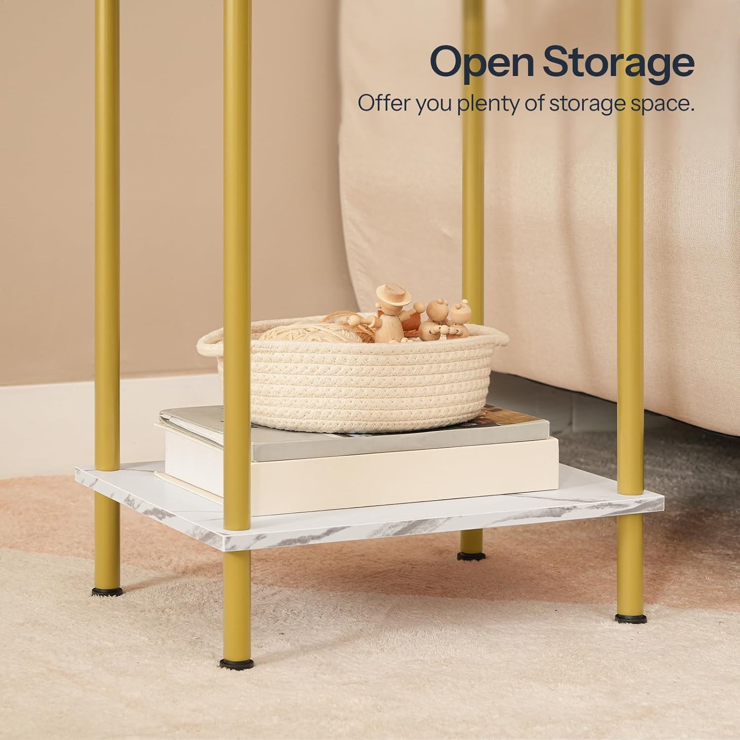 HOOBRO End Table, Small Side Table, Nightstand with 2-Layer Storage Shelves, Sofa Table for Small Spaces, Living Room, Bedroom, Stable Frame, Easy Assembly, Gold and Marble DM09BZ01