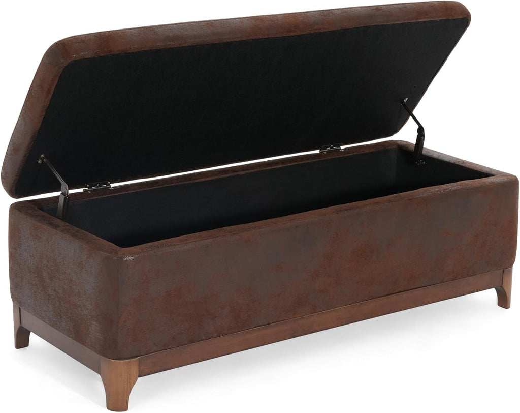 Christopher Knight Home Nesley Upholstered Ottoman with Storage for Living Room, Microfiber Modern Storage Ottoman Foot Rest, Wooden Bedroom Rectangular End of Bed Bench, Brown