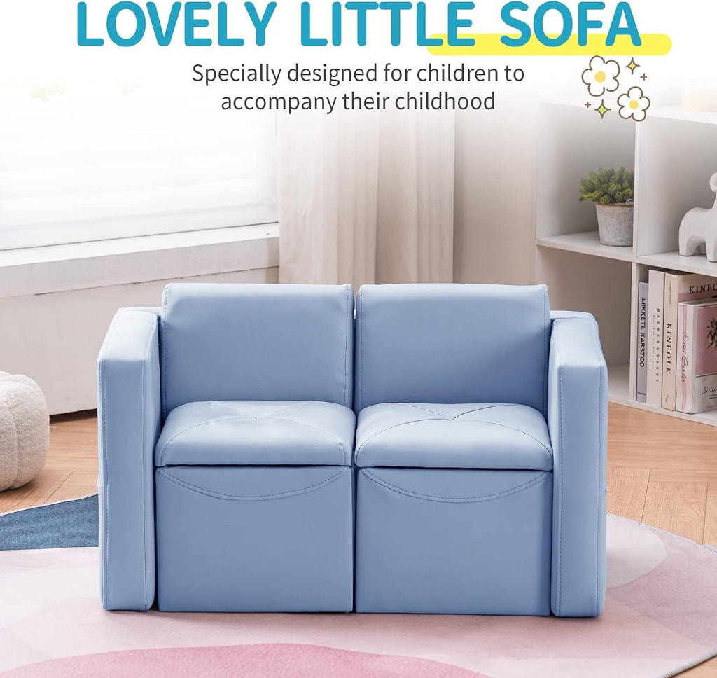 UNICOO Toddler Convertable Sofa, 2-in-1 Double Set Sofa Convert to Table & 2 Chairs, Toddler Lounge with Wooden Frame and Leather Surface, Childrens Couch Armrest Chair with Storage Box (Sky Blue)