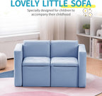 UNICOO Toddler Convertable Sofa, 2-in-1 Double Set Sofa Convert to Table & 2 Chairs, Toddler Lounge with Wooden Frame and Leather Surface, Childrens Couch Armrest Chair with Storage Box (Sky Blue)