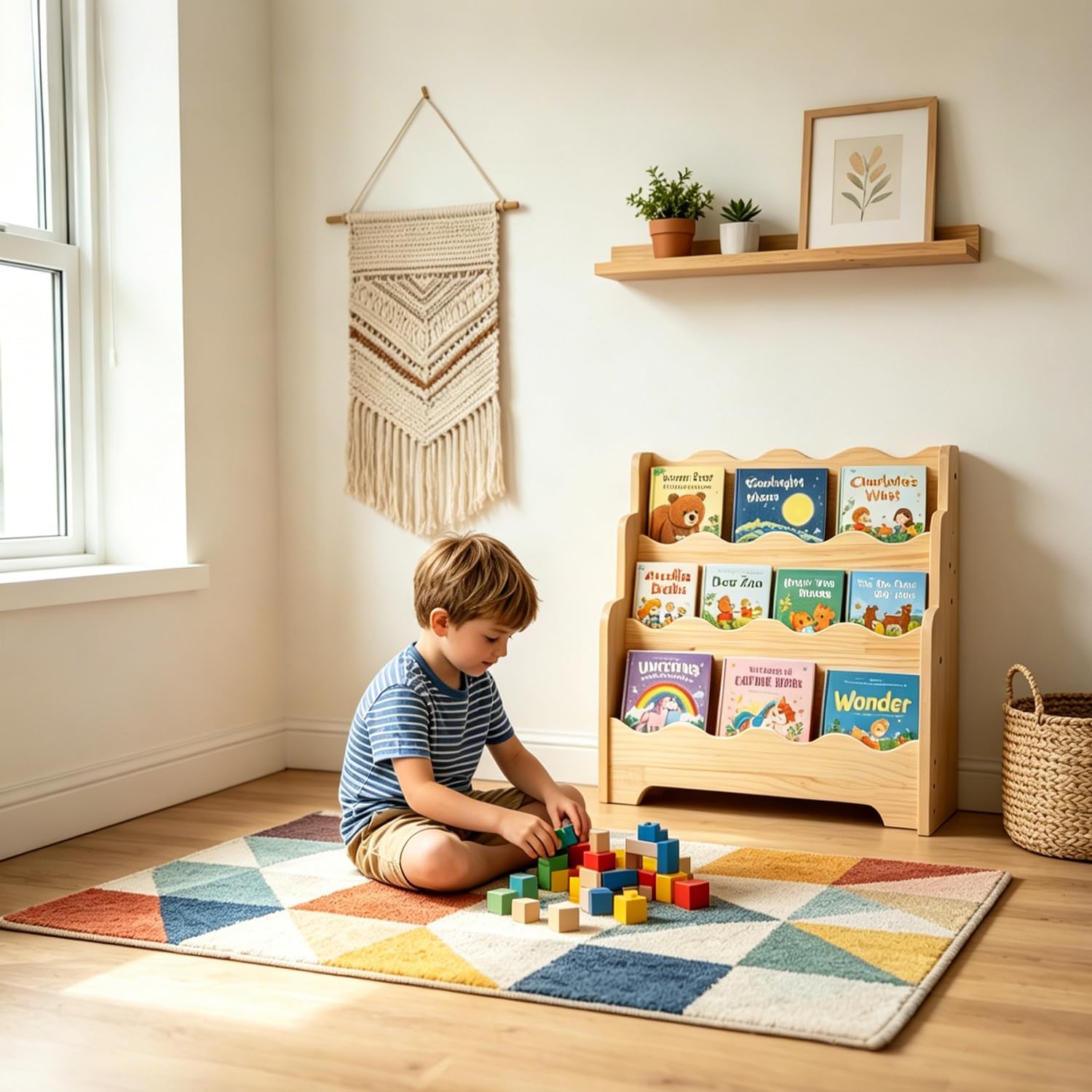 LINMAGCO Scalloped Kids Bookshelf, 3-Tier Montessori Toddler Bookcase, Front-Facing Book Organizer with Handle, Solid Pine Wood, Nursery Book Shelves for Bedroom Playroom Classroom & Reading Corner