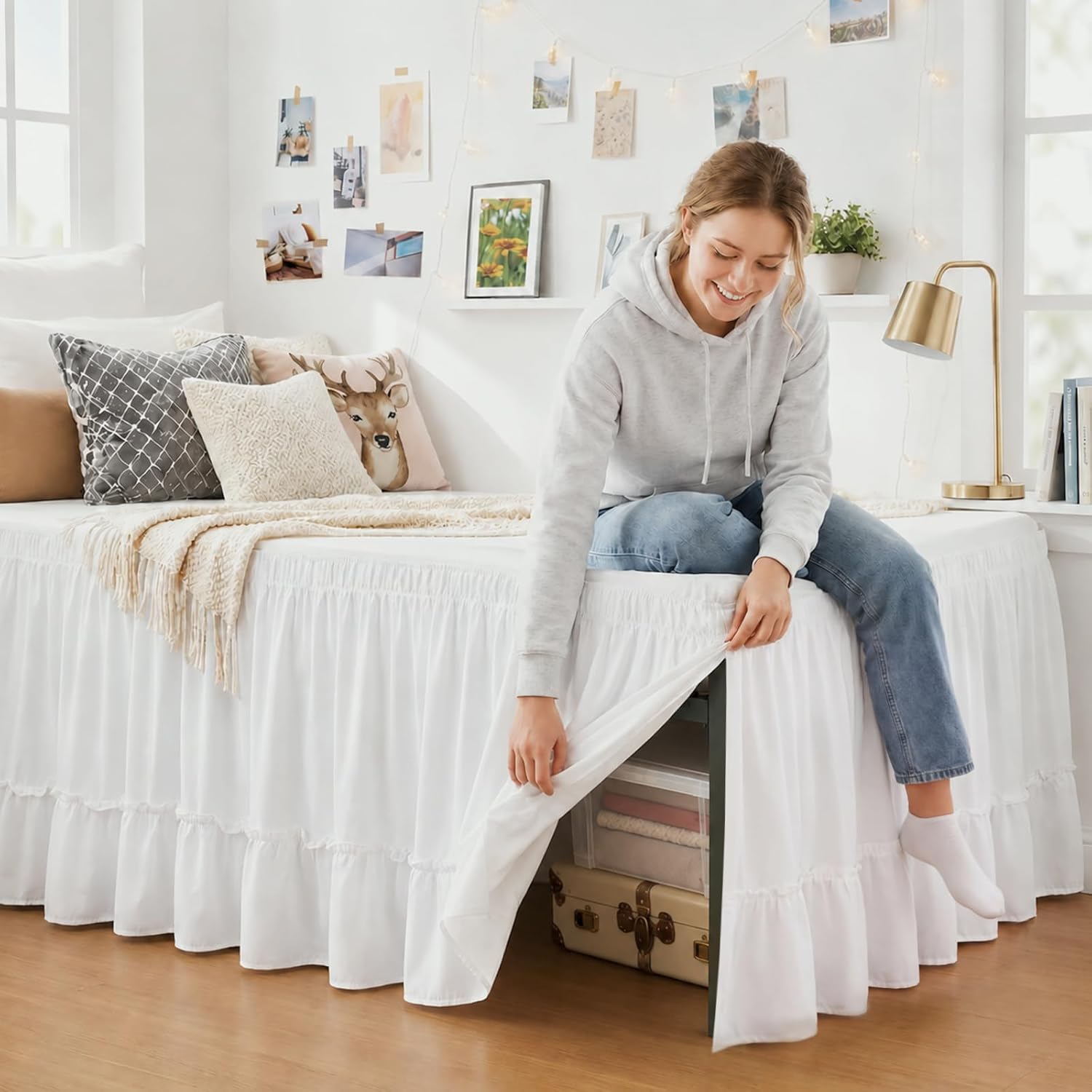 Breling White Ruffled Dorm Bed Skirt Twin XL 36 Inch Long Bed Skirt Dorm Solid Silky Fabric Machine Washable Split Corner Extra Long Wrap Around Elastic for Beds Room Bedding Decor