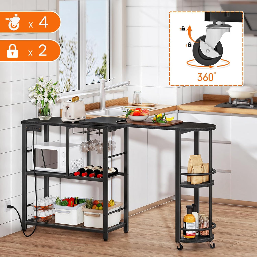 HOOBRO L-Shaped Bar Table, Home Bar Unit with Charging Station, 3-Tier Shelves with Wine Rack, 360° Extendable Bar Table on Wheels, Corner Mini Coffee Cabinet, for Pub, Kitchen, Black BB183UBT01