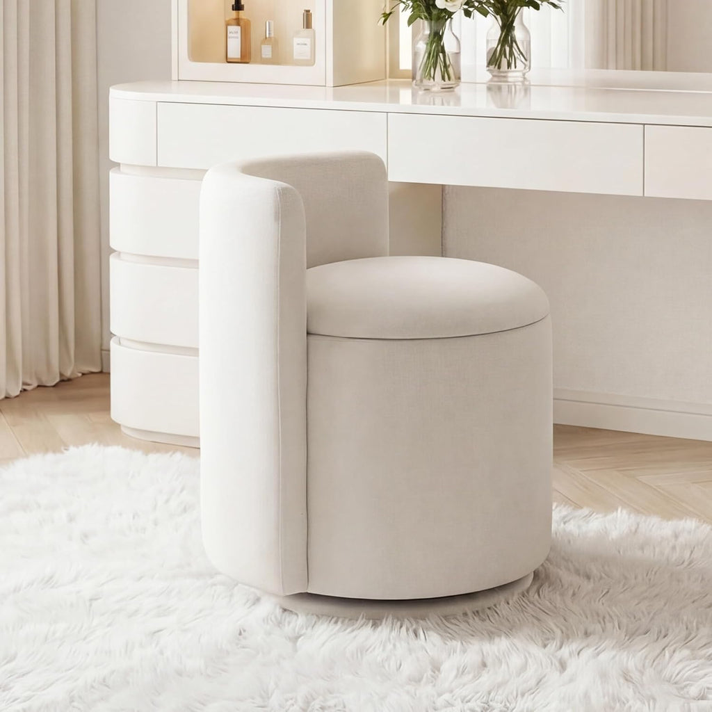 FOXHUNTER Vanity Stool with Storage Vanity Chair with Back, 360°Swivel Accent Chair Upholstered Vanity Chairs for Living Room, Makeup Room,Bedroom,Office(Beige)