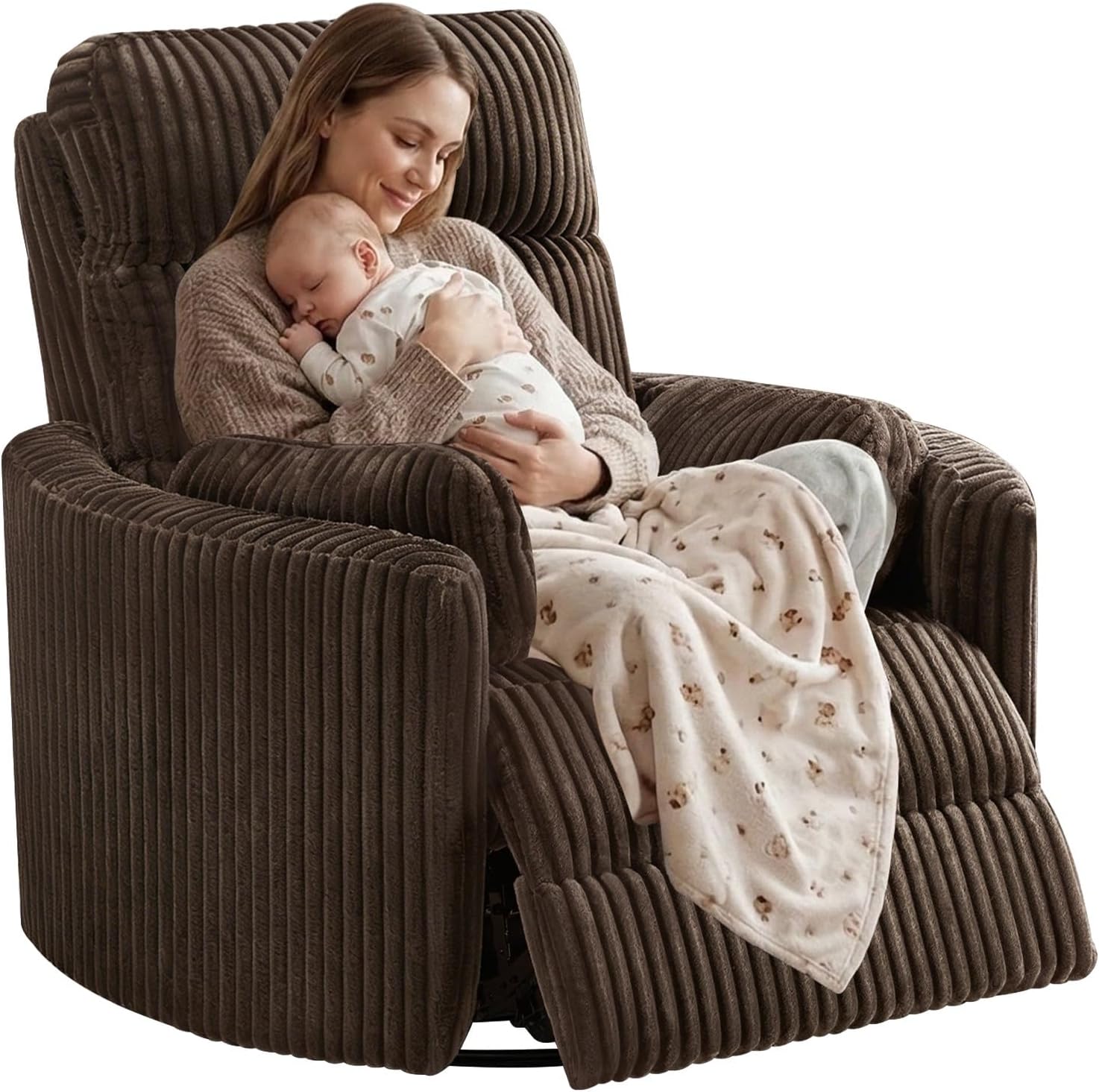 SUNWAVE 40" Oversized Power Nursery Rocking Recliner Barrel Chair, Swivel Nursing Chair with Electric Headrest & Anti-Pinch, Lay-Flat Corduroy Rocking Chair Nursery with USB/Type-C