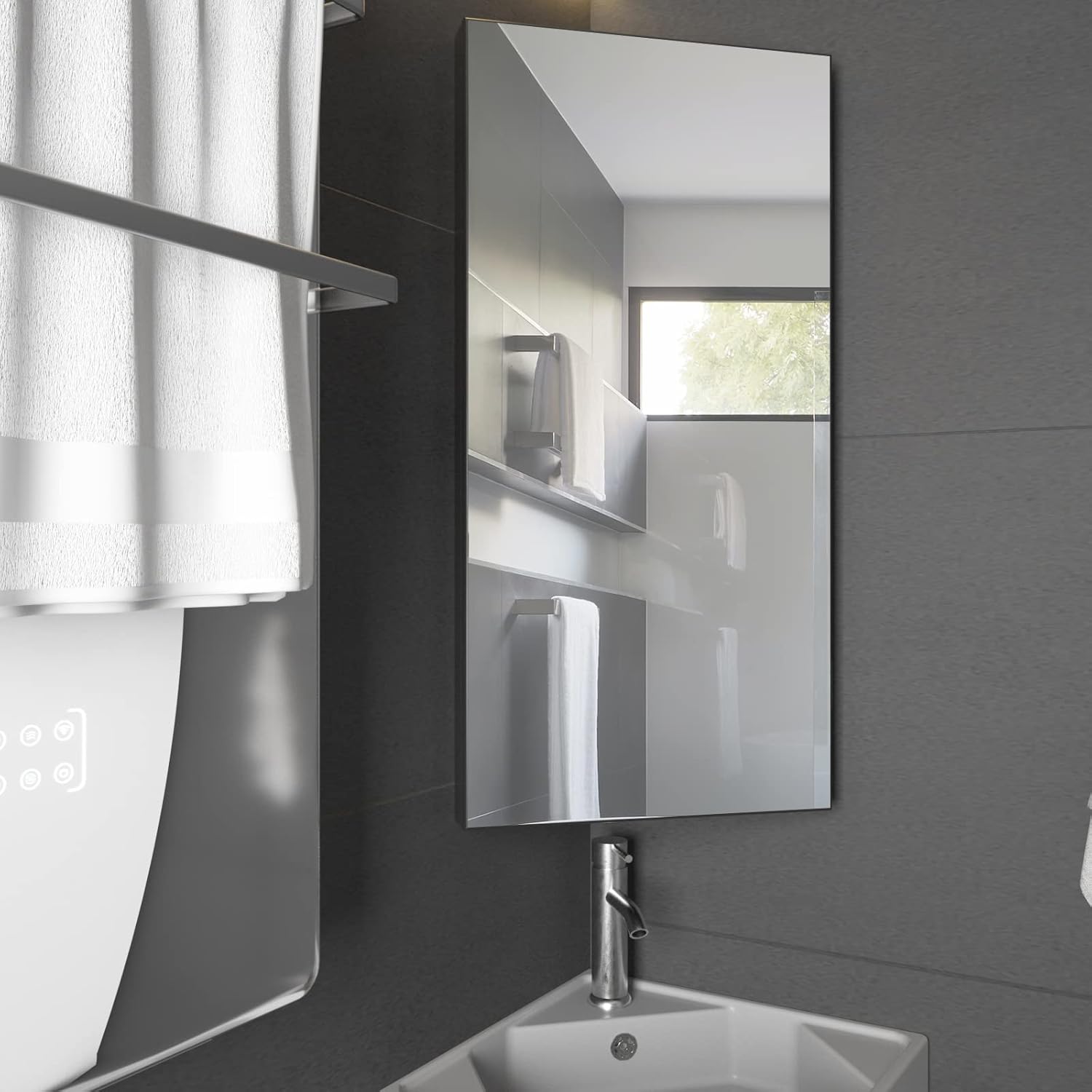 eclife 24" Bathroom Corner Medicine Cabinet W/Mirror, Single Door Bathroom Black Wall Mount Mirror Cabinet, Hanging Triple Shelf Storage Cabinet Opens Left to Right