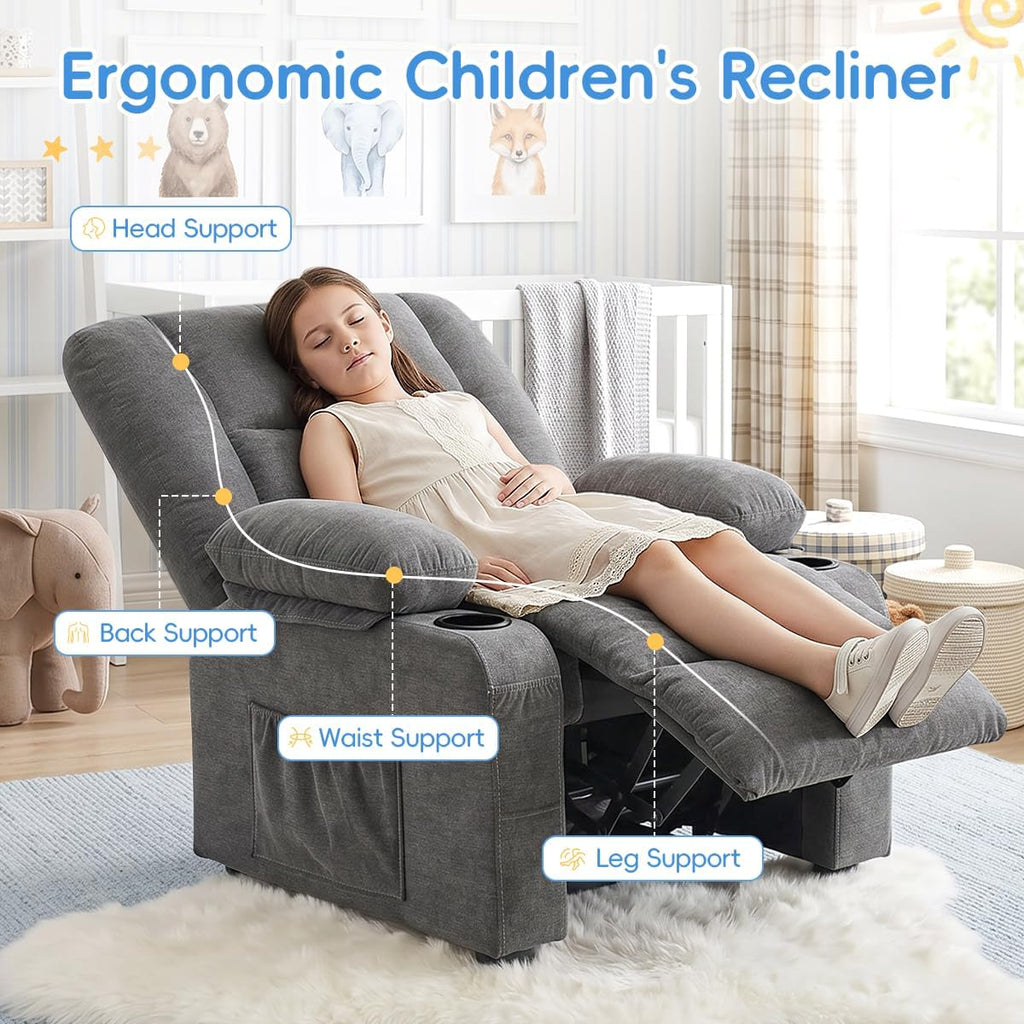 BOSMILLER Kids Recliner Chair， Push Back Toddler Recliner with Cup Holders & Side Pockets， Adjustable Footrest & Headrest Kids Sofa for Boys Girls 3+ Age Group