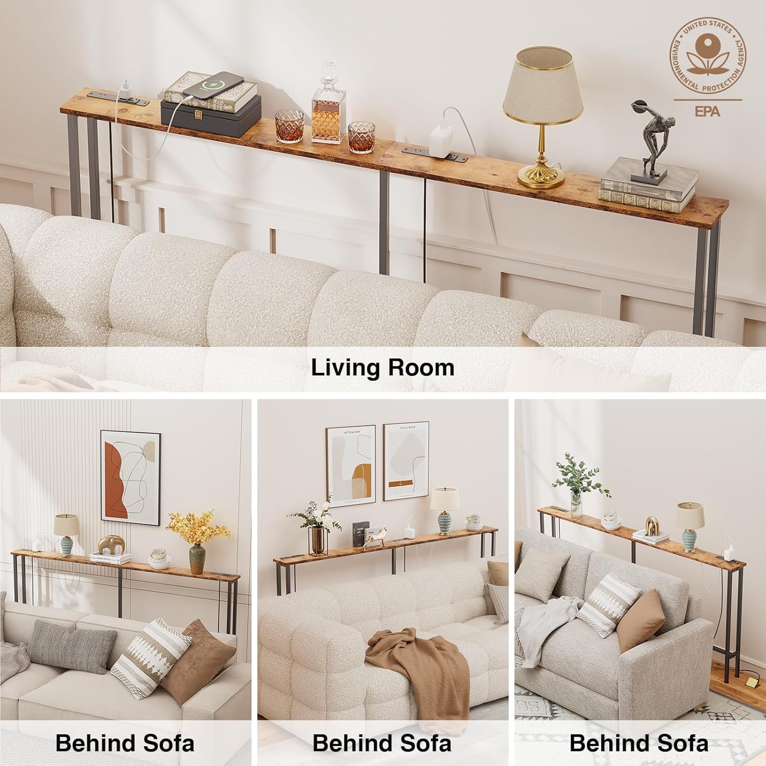 Keelian 102" Narrow Console Sofa Table - 2 Power Outlets & 4 USB Ports, Metal Frame, Rustic Brown, Perfect for Hallway, Office, and Behind Sofa - Easy Assembly, 4.9' Extension Cord Included