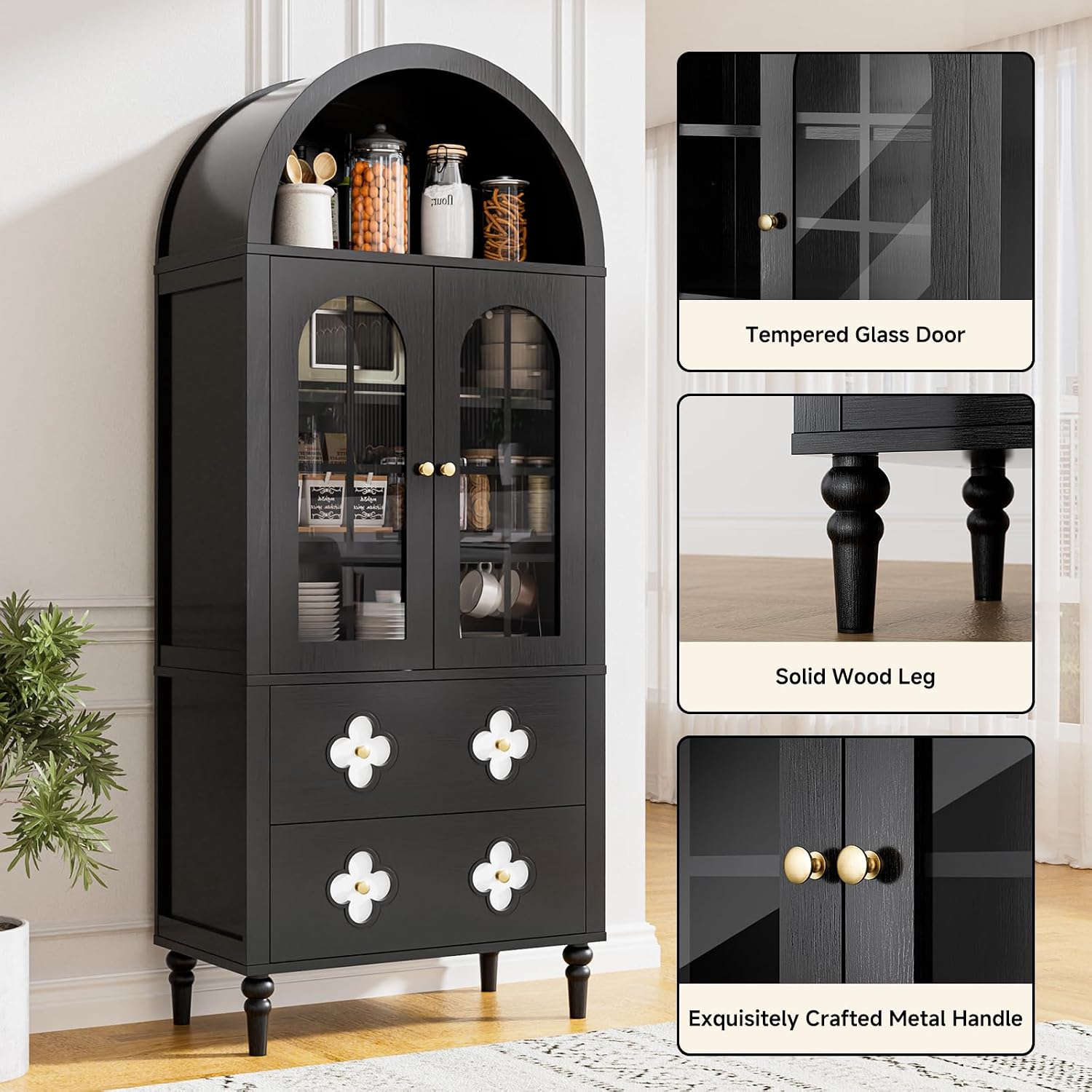 DoCred 71" Tall Arched Kitchen Pantry with Glass Doors, Retro Wood Arched Cabinet, Luxury Arch Bookshelf, 4 Shelves & 2 Drawers, Storage Cabinet for Kitchen, Dining Room, Living Room,Black