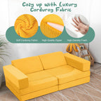 MeMoreCool Stylish Corduroy 10-Piece Kids Play Couch, Modular Foam Toddler Couch Fort Building Set, Convertible Sofa with Washable Covers for Playroom and Bedroom, Mustard Yellow