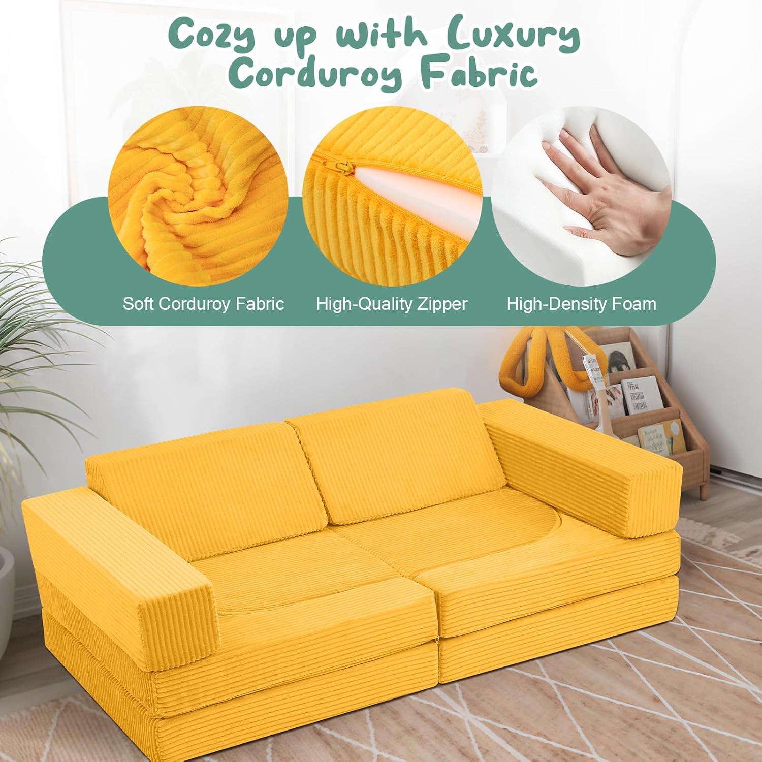 MeMoreCool Stylish Corduroy 10-Piece Kids Play Couch, Modular Foam Toddler Couch Fort Building Set, Convertible Sofa with Washable Covers for Playroom and Bedroom, Mustard Yellow