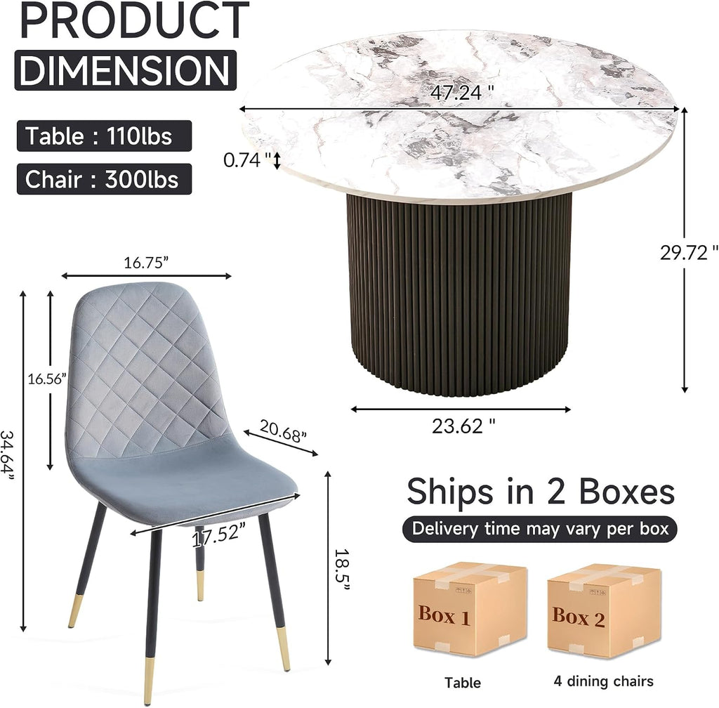 White Round Dining Table Set for 4, Modern Mid Century Wooden Kitchen & Dining Room Table Set, 5 Piece Space Saving (47In Faux Marble Table + 4 Grey Velvet Chairs)
