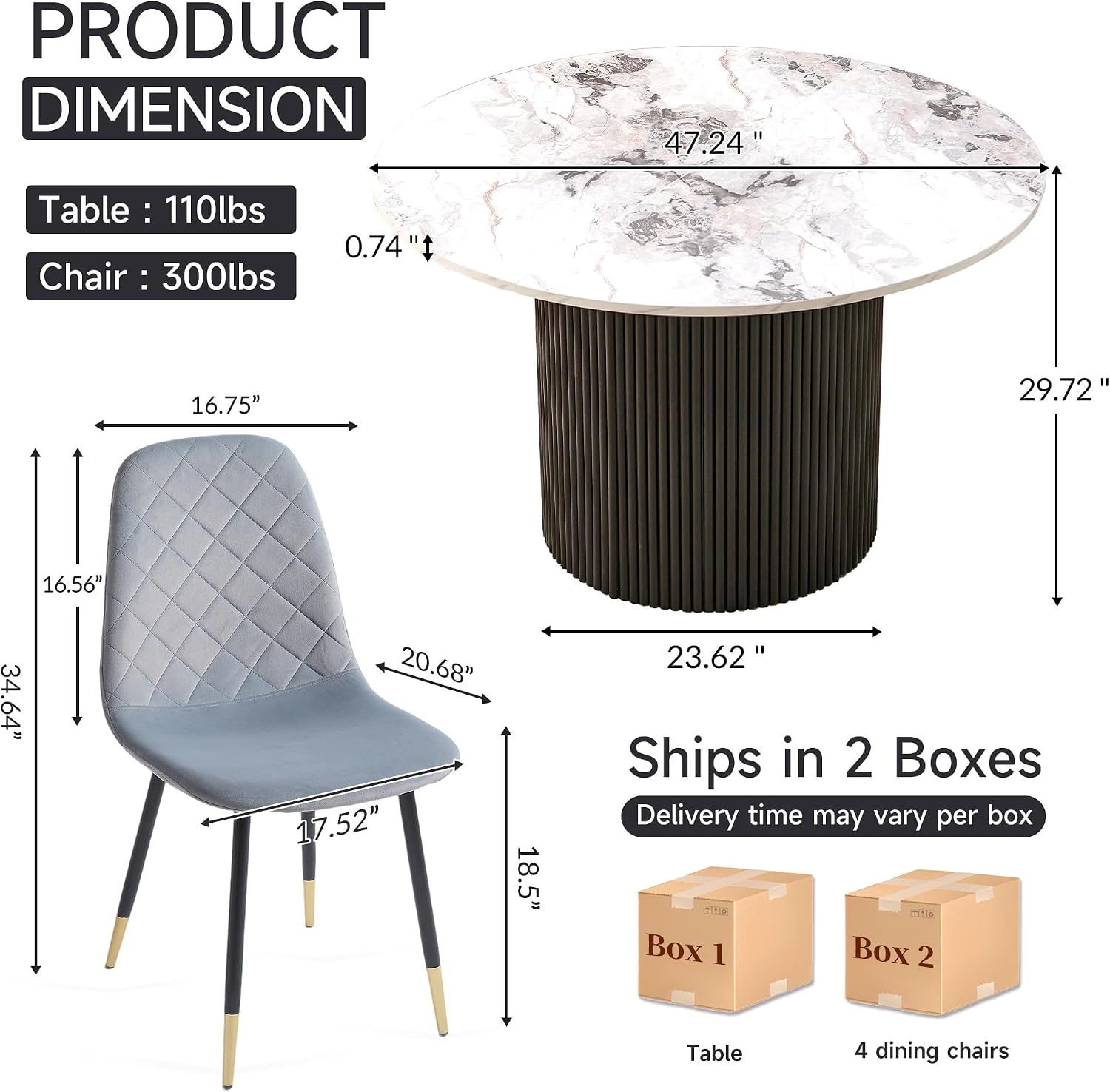 White Round Dining Table Set for 4, Modern Mid Century Wooden Kitchen & Dining Room Table Set, 5 Piece Space Saving (47In Faux Marble Table + 4 Grey Velvet Chairs)