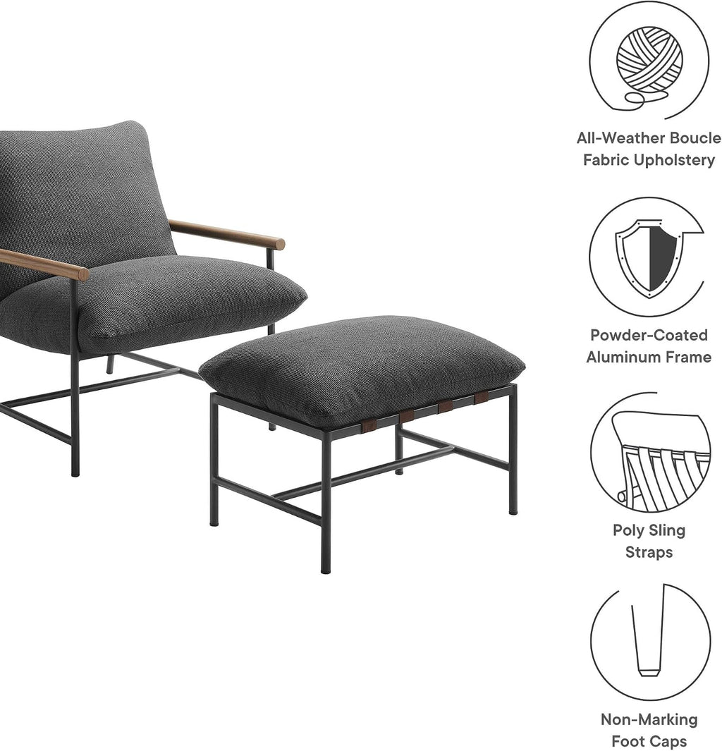 Modway Raya Outdoor Patio Sling Chair with Ottoman Set in Charcoal - Comfy Accent Lounge Chair and Footstool with Removable Boucle Fabric Cushions for Porch, Deck, Backyard