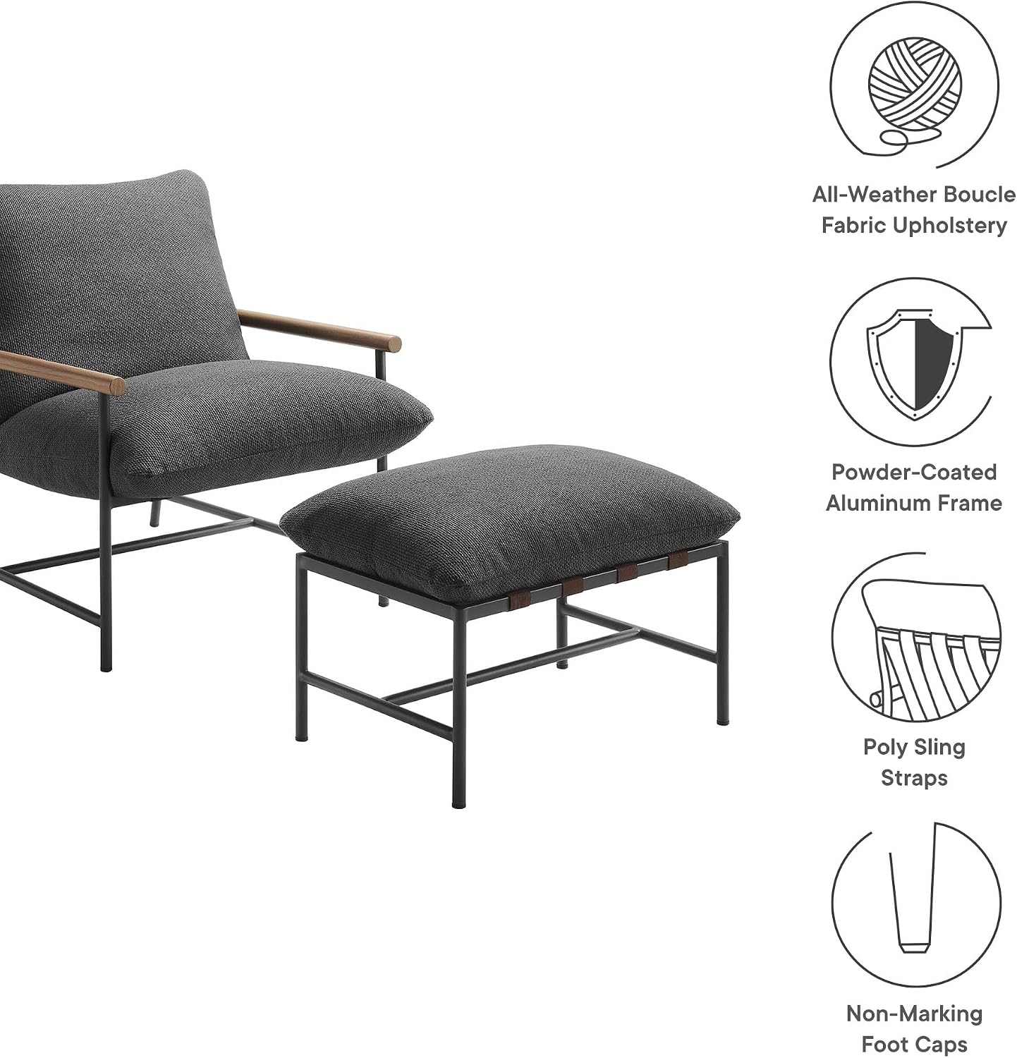 Modway Raya Outdoor Patio Sling Chair with Ottoman Set in Charcoal - Comfy Accent Lounge Chair and Footstool with Removable Boucle Fabric Cushions for Porch, Deck, Backyard