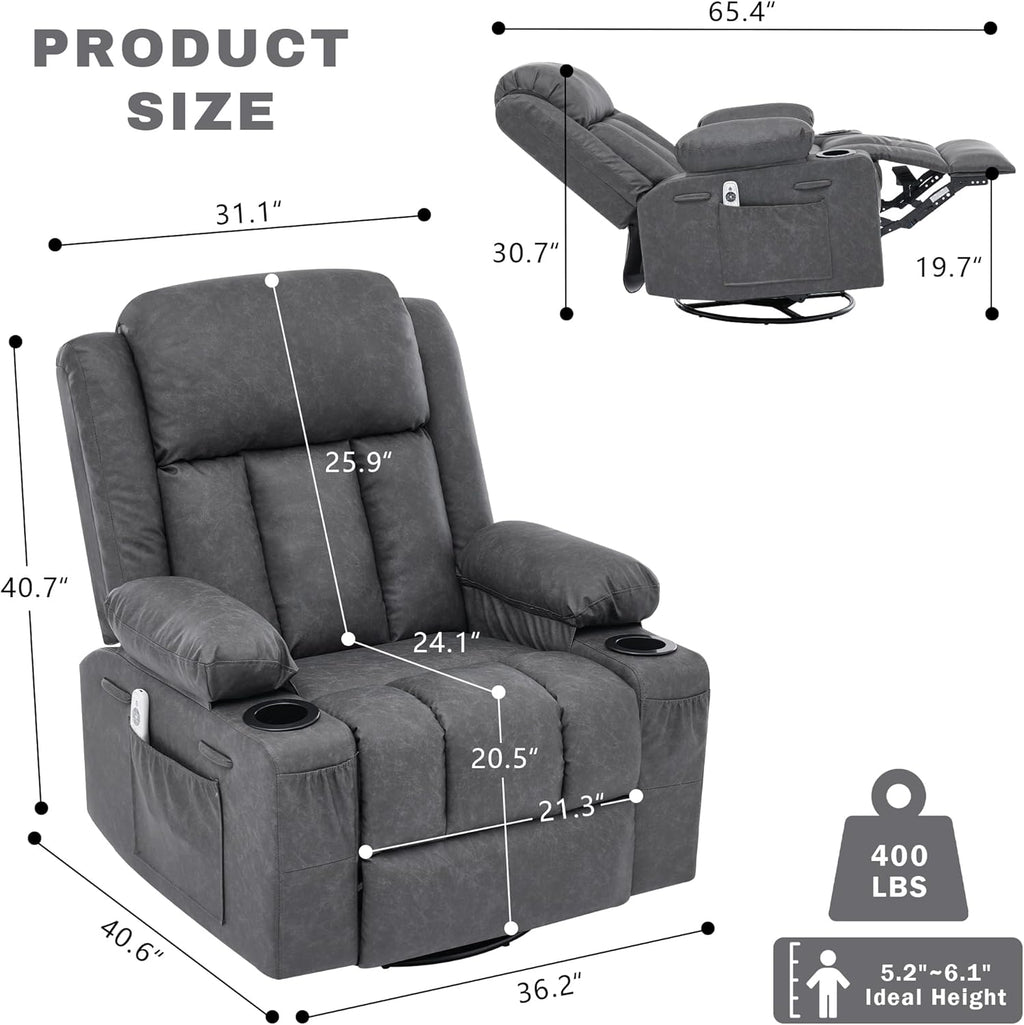 Rocker Recliner Chair with Heat and Massage,360°Swivel Nursery Recliner Chair for Adults,Modern PU Leather Recliner Single Sofa Seat with 2 Cup Holders and Side Pocket (Grey)