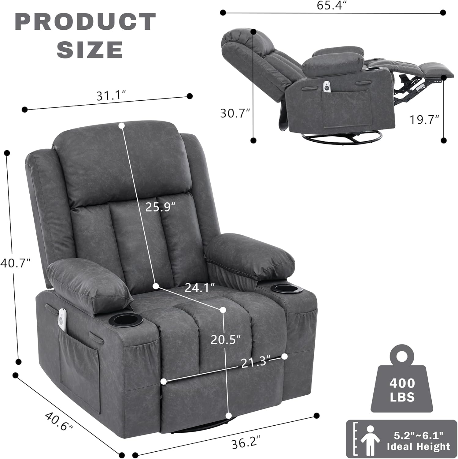 Rocker Recliner Chair with Heat and Massage,360°Swivel Nursery Recliner Chair for Adults,Modern PU Leather Recliner Single Sofa Seat with 2 Cup Holders and Side Pocket (Grey)