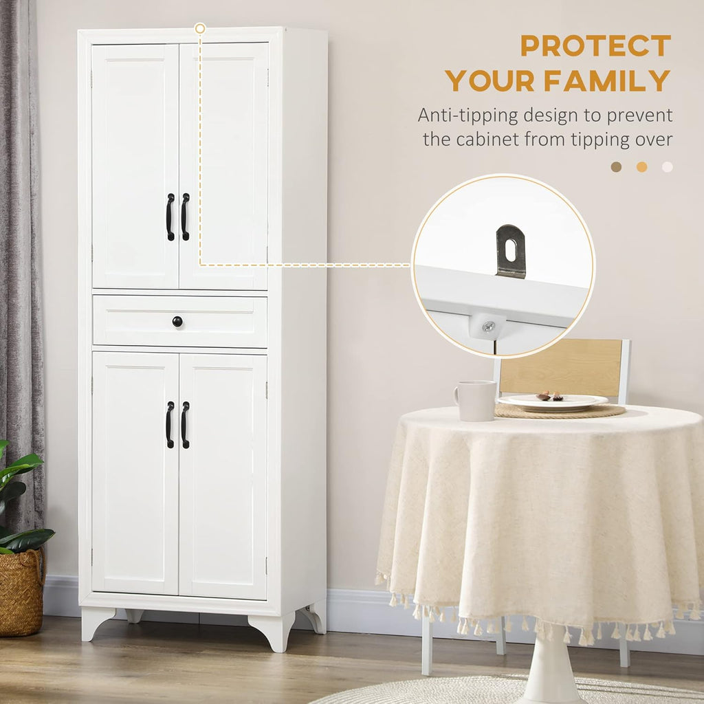 67" Tall Kitchen Pantry Cabinet, 4-Door Storage with Drawer & Adjustable Shelves, Stylish White Cabinet for Dining Room