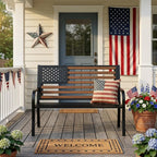 45.7 Inch American Flag Outdoor Bench - Patriotic Stars and Stripes Garden Bench with Heavy Duty Cast Iron Frame & Weather Resistant Steel Slats - Rustic Porch Furniture for Backyard, Memorial